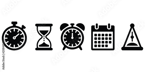 Bilde på lerret Black silhouette timer icons including stopwatch hourglass alarm clock calendar