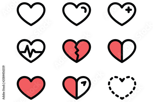 Cuadro en lienzo Collection of heart icons, representing love health and emotions