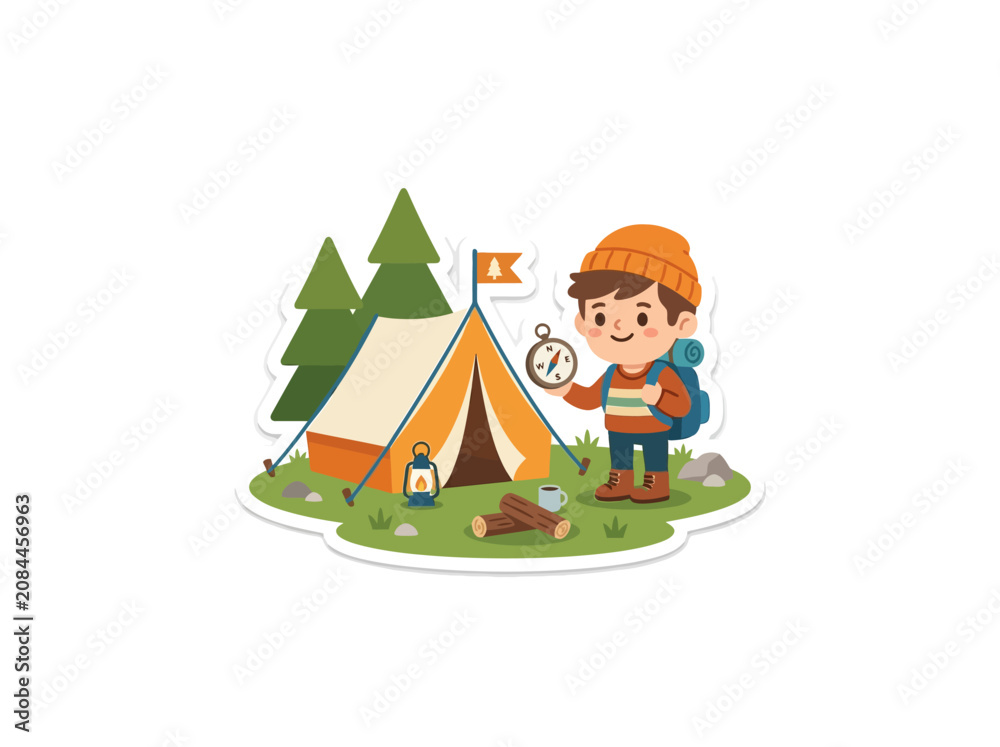 Fototapeta premium Charming illustration of a young explorer holding a compass next to a cozy tent, surrounded by pine trees and campfire logs, depicting a happy outdoor camping adventure