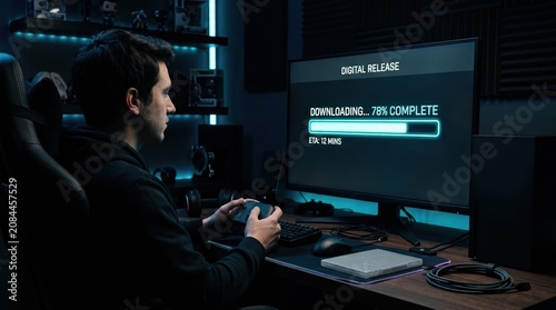 A gamer at a desk uses a wireless controller beside a game console, a blank disc case, and a large monitor showing a download progress bar, representing a digital-first release.