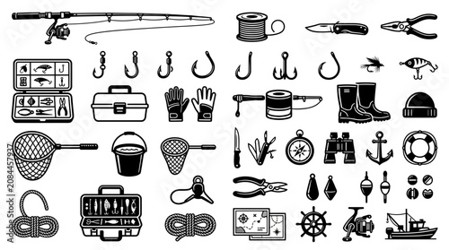 Fotografie Fishing Gear and Equipment Set - Vector Icons for Angling and Outdoor Activities