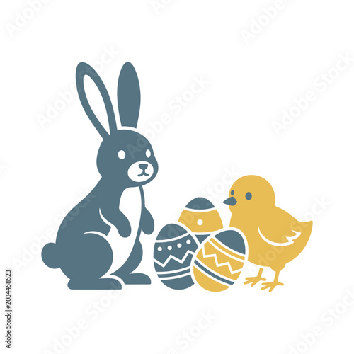 Cute Easter bunny and yellow chick stand near decorated eggs