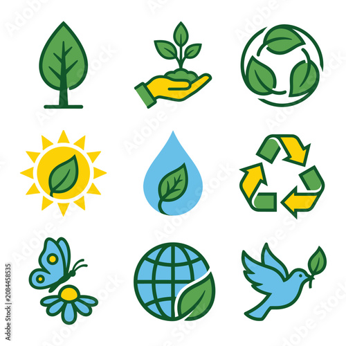 Set of green and blue ecology icons for environmental conservation