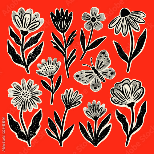 Stylized linocut flowers and a butterfly decorate a red background
