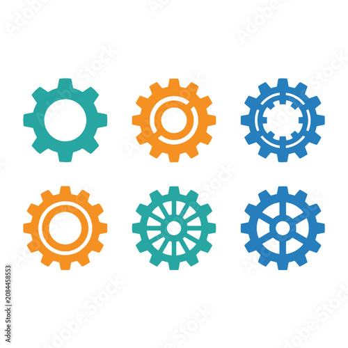 A set of colorful gear icons on a white background
