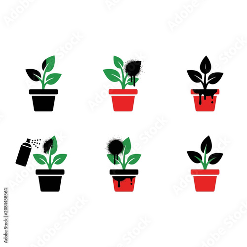 A set of icons showing plants being painted with spray paint