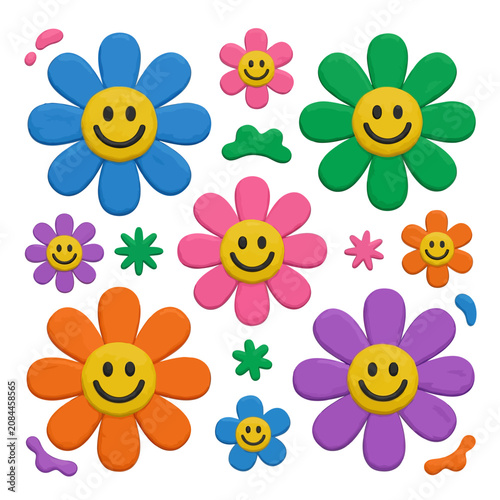 Colorful clay flower stickers with smiley faces on white background