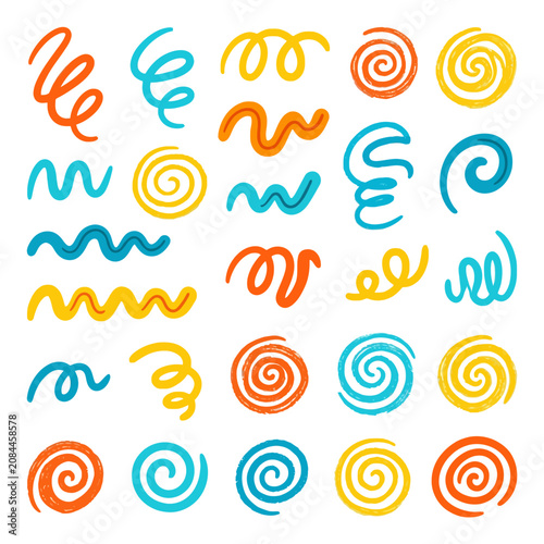 A collection of colorful hand drawn doodle shapes and swirls