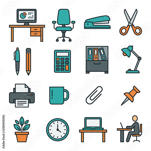 A collection of flat vector icons representing office supplies