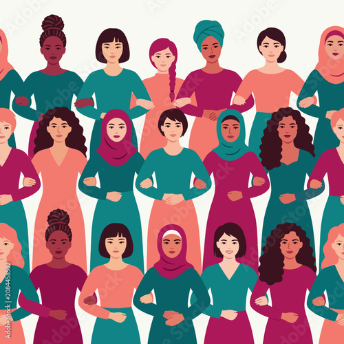 A seamless pattern of diverse women holding hands in unity