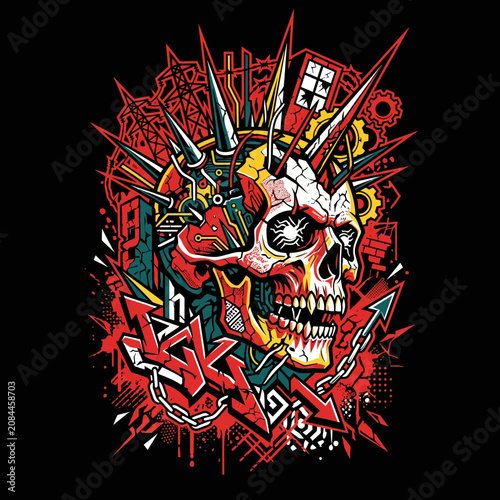 Aggressive skull design with futuristic and street art influences