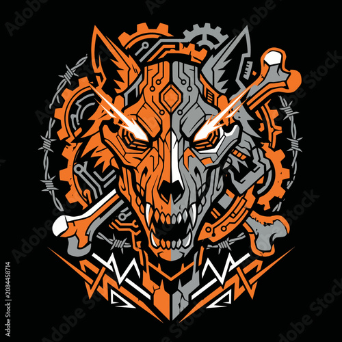 Cybernetic wolf head illustration with glowing eyes and mechanical details