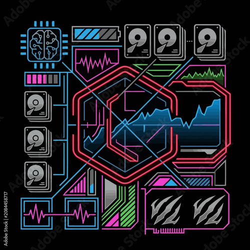 Futuristic digital interface with data processing and artificial intelligence