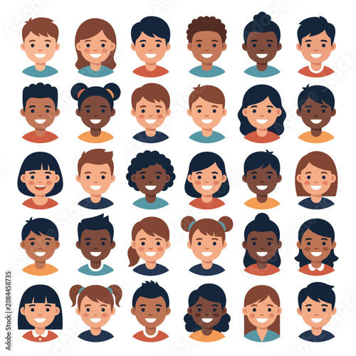 Vector illustration of diverse children avatar faces smiling