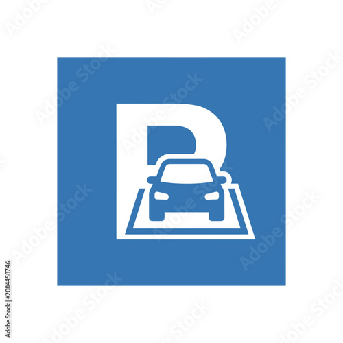 Blue and white car parking sign icon on a square background