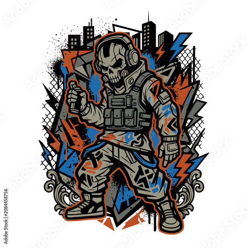 Urban skull character with headphones holds a spray can