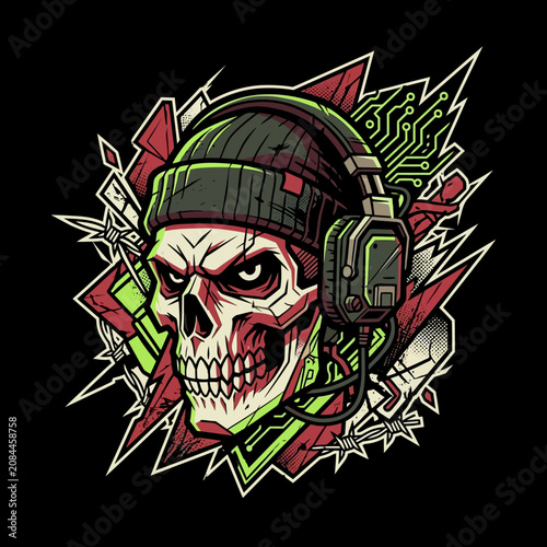 Edgy skull illustration with headphones and digital elements
