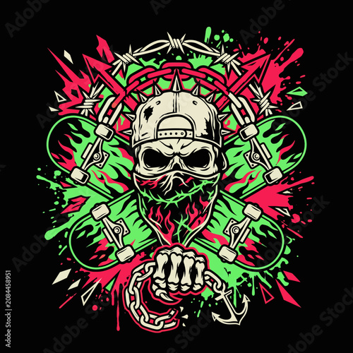 Vibrant graphic illustration of a skull with skateboards and barbed wire