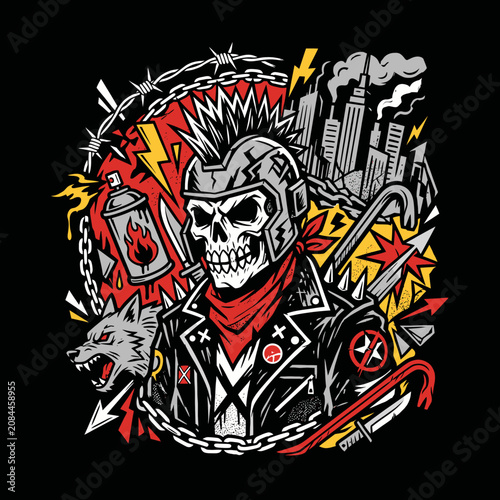 An aggressive skull character with a mohawk and urban street elements