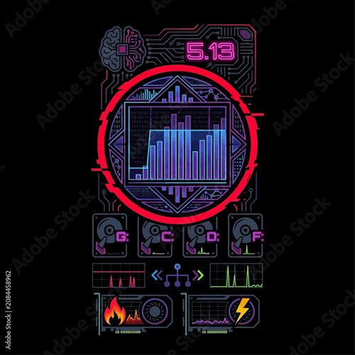 Futuristic digital interface with data visualization on a dark background