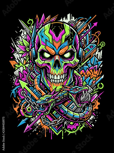 Vibrant skull illustration with snake and abstract urban elements