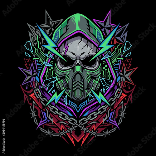 Vibrant skull illustration with gas mask and futuristic elements