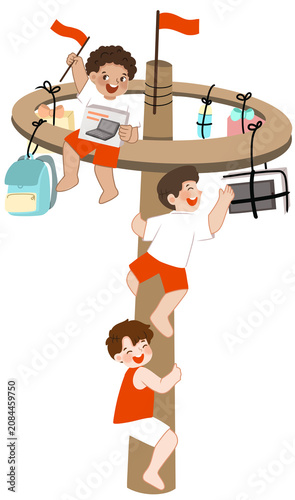 Vászonkép Children are participating in a greased pole climbing competition to commemorate
