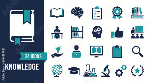 Knowledge and learning icon set featuring education, science, and research symbols for classrooms, e-learning, and academia