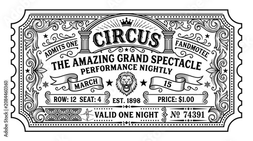 Quadro su tela Vintage Circus Ticket Design - Grand Spectacle Performance Nightly