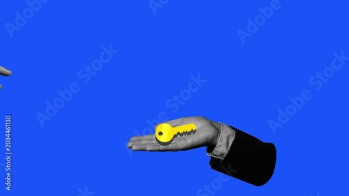 Two halftone businessman hands passing a glowing key with light sweep effect on blue background. Retro pop art style, suitable for transfer, handover, and opportunity content.