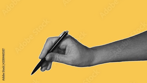 Halftone hand writing with pen on yellow background. Retro pop art style, seamless loop suitable for business, education, and document concept content.