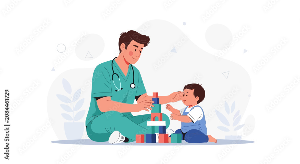 Fototapeta premium Doctor Playing Blocks with Child, Pediatric Healthcare Concept