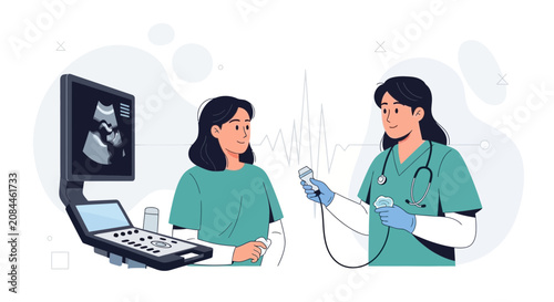 Doctor performs ultrasound scan on pregnant woman, showing fetal development on screen.