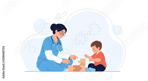 Doctor Playing Puzzles with Child, Healthcare Concept Illustration