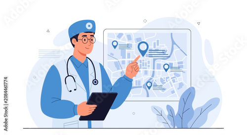 Doctor points to map with locations, holding tablet, medical concept illustration