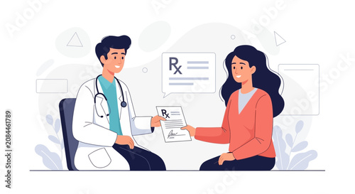 Doctor Prescribing Medication to Patient in Modern Flat Illustration Style