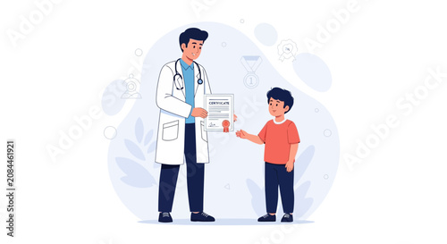 Doctor presents a certificate to a young boy, symbolizing achievement and health in a modern flat illustration style.