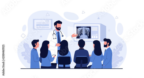 Doctor presenting X-ray scan to medical students in a modern clinic setting, vector illustration.