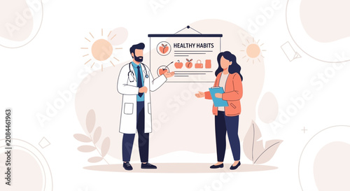 Doctor presents healthy habits including diet and exercise to patient, vector illustration