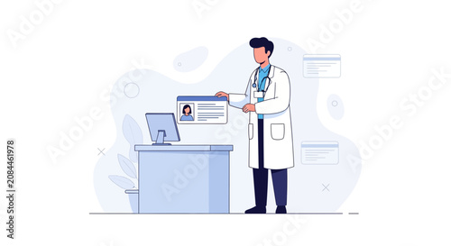 Doctor Presents Patient Information with Stethoscope and Computer in Modern Medical Office