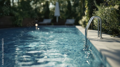 outdoor pool in tranquil garden, nobody around, clean and modern, realistic water reflections, soft natural lighting, ultra detailed 8k
