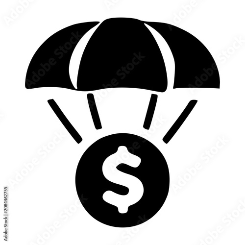A functional parachute descending smoothly with a central hanging dollar sign, representing corporate financial safety nets, government bailouts, and insurance.