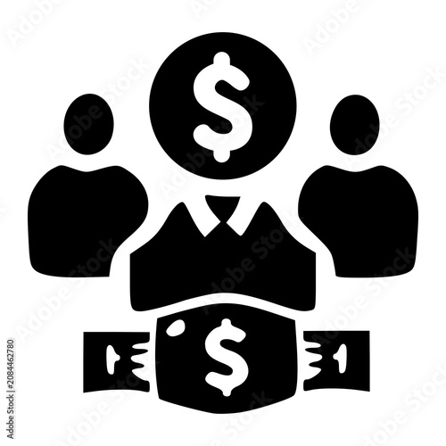 A team of professional business people silhouettes surrounding a central podium with dollar signs, representing corporate boards, rich investors, and crowdsourcing.