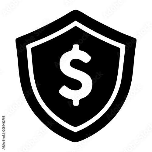A protective armor shield containing a bold central dollar sign symbol, representing high asset security, solid financial backup plans, and data encryptions.