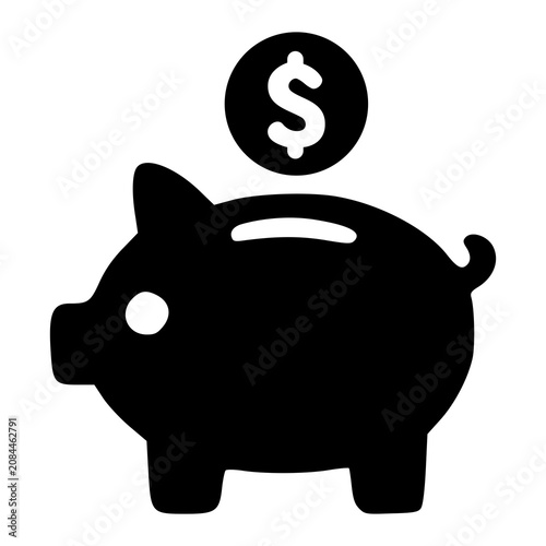 A classic ceramic piggy bank icon with a shiny dollar coin dropping directly into it, representing thriftiness habits, home budgeting, and micro savings.