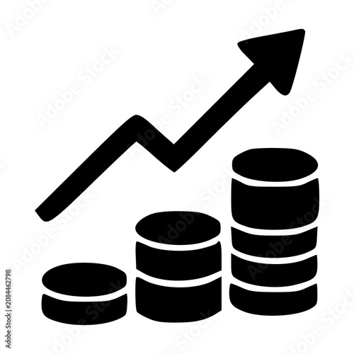 Multiple stacks of coins aligned below an upward pointing trend arrow, representing rising investment returns, market index gains, and financial progress.