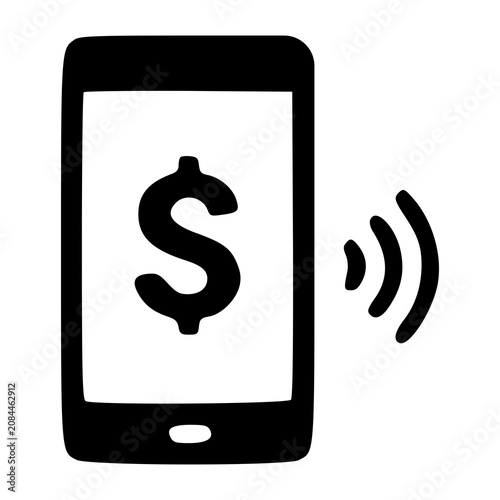 A mobile cellular smartphone screen displaying a dollar sign next to signal lines, representing electronic wireless wallets and contactless digital banking.