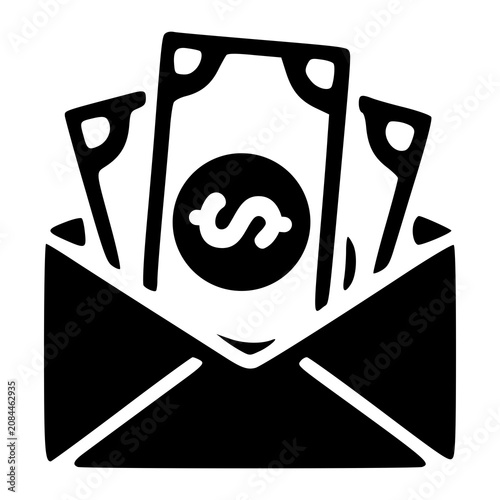 An unsealed mailing envelope allowing two paper currency notes to slide outward, representing direct dividend check letters, bonus mails, and cash gifts.