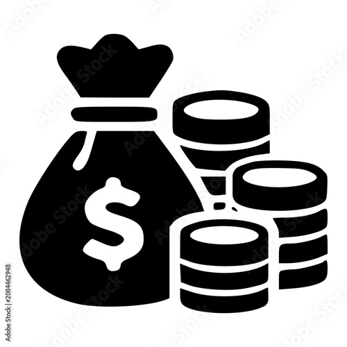 A traditional thick tied storage pouch flanked by multiple distinct coin stacks, representing full treasury vaults, rich fortunes, and secure bank reserves.