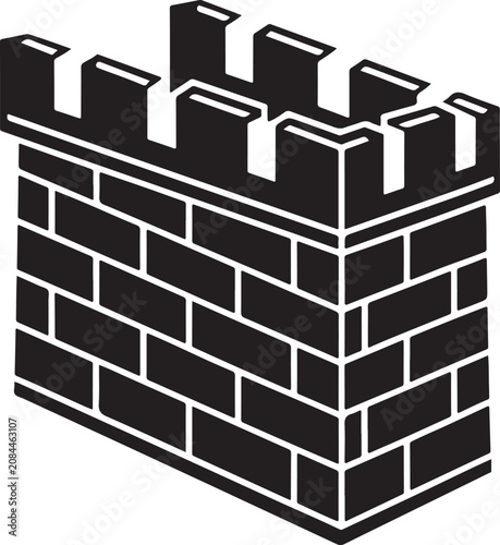 A black and white graphic of a castle battlement section